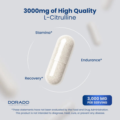 L Citrulline 3000mg Supplement (120 Capsules) Support L Arginine & Nitric Oxide Pills - L-Citrulline For Men & Women - Muscle Recovery & Pump Supplement - 3rd Party Tested DORADO NUTRITION