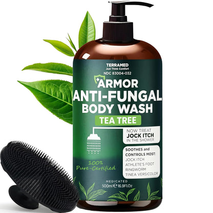 Antifungal Body Wash with Tea Tree Oil for Ringworm & Jock Itch w/Scrubber Terramed Just Think Comfort