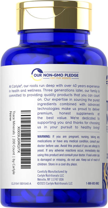 Carlyle Trace Minerals | 200 Tablets | Full Spectrum Supplement | Non-GMO & Gluten Free Complex | by Vital Trace Carlyle