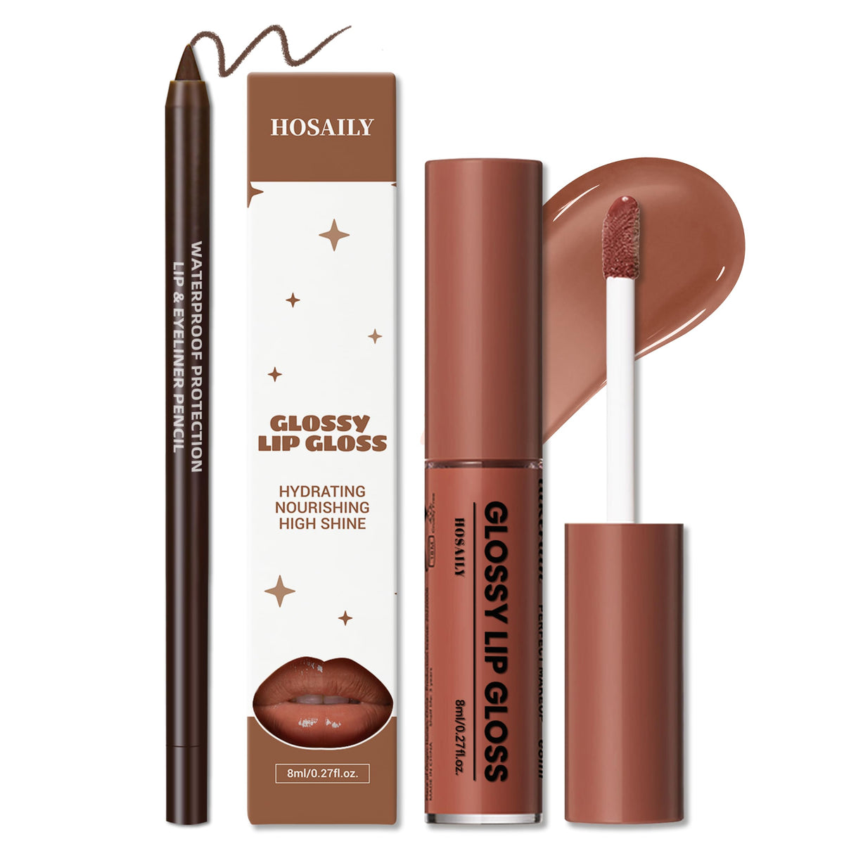 HOSAILY Natural Nude Lip Combo, Nourishing Lip Gloss&Brown Lip Liner Kit HOSAILY