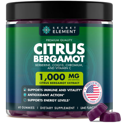 Citrus Bergamot 1000MG Gummies for Women and Men, Citrus Bergamot Extract with Berberine, CoQ10, Chromium & Vitamin C, Metabolic & Antioxidant Support, Secret Element