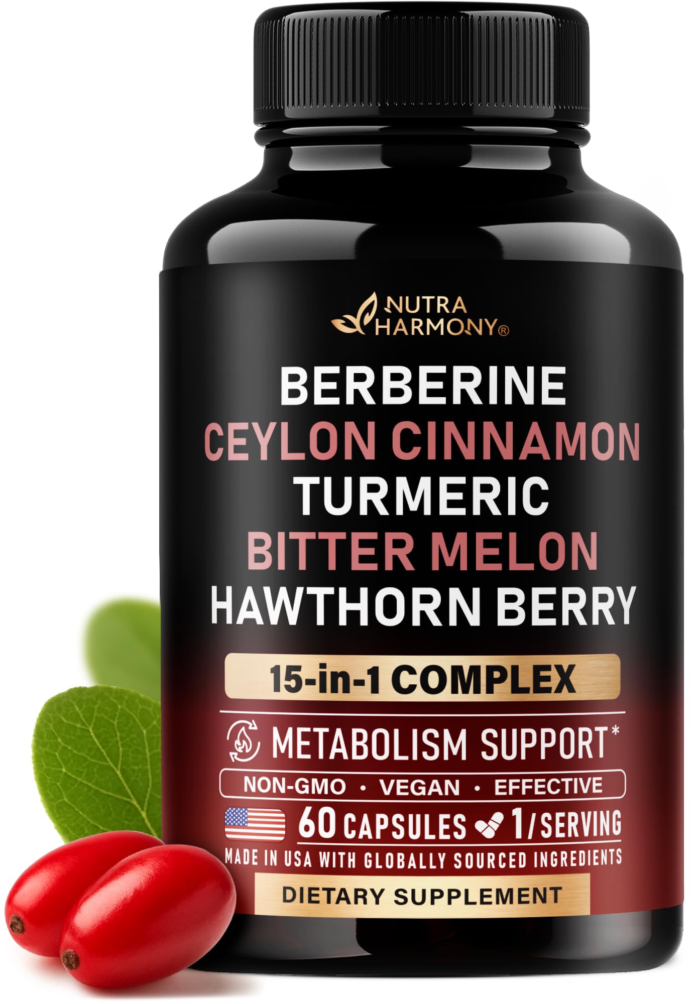 Berberine with Ceylon Cinnamon | Bitter Melon (Karela) | Apple Cider Vinegar | Hawthorn Berry | Citrus Bergamot | Turmeric - 15-in-1 Supplement for Heart Support NUTRAHARMONY