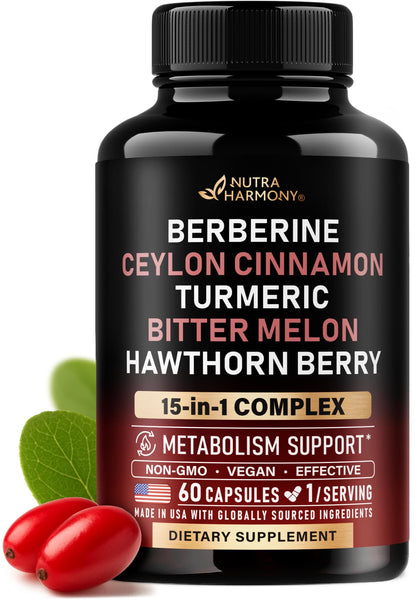 Berberine with Ceylon Cinnamon | Bitter Melon (Karela) | Apple Cider Vinegar | Hawthorn Berry | Citrus Bergamot | Turmeric - 15-in-1 Supplement for Heart Support NUTRAHARMONY