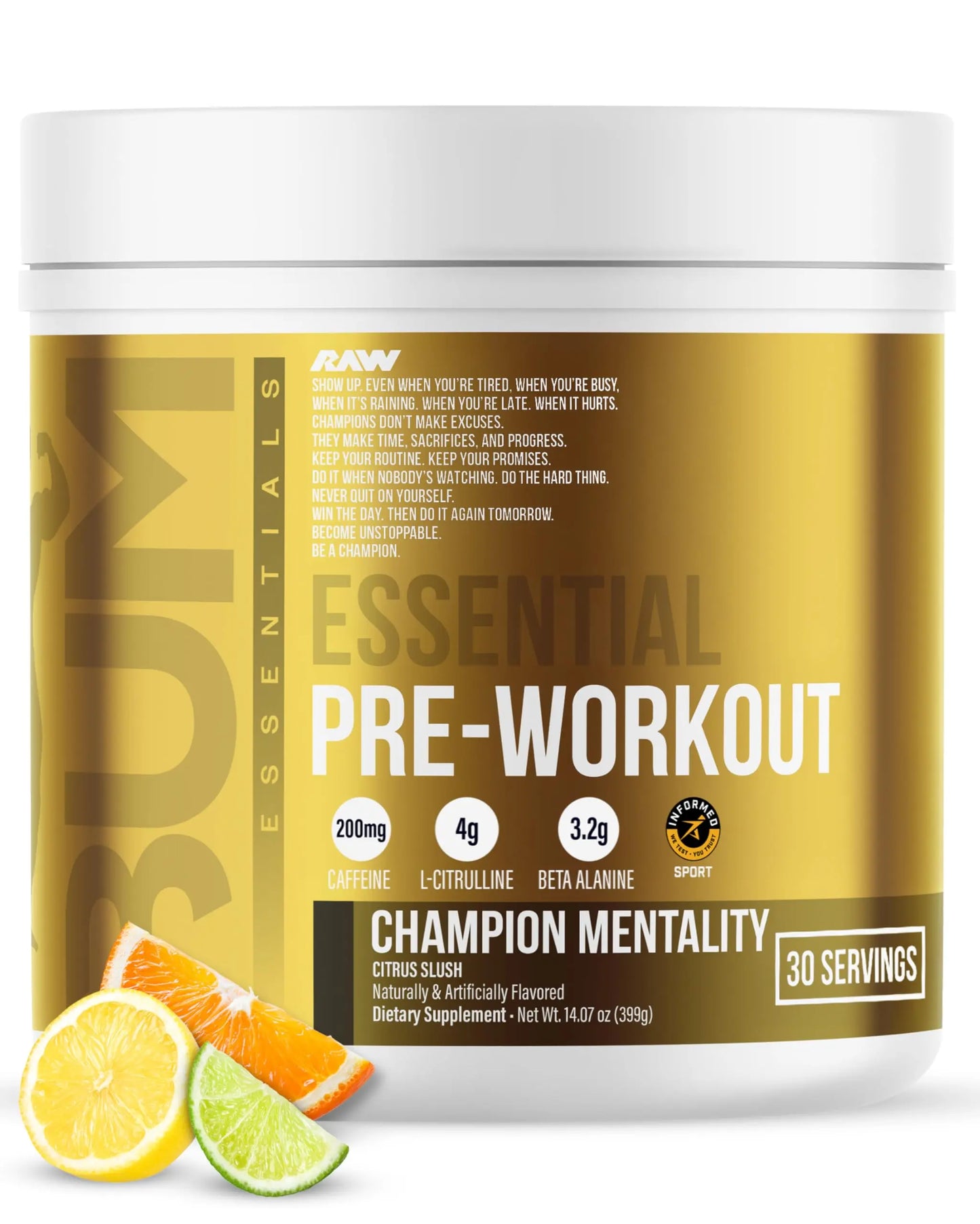 RAW Essential Pre-Workout Powder (Champion Mentality) - Chris Bumstead Sports Nutrition Supplement for Men & Women - Preworkout Energy Powder with Caffein RAW