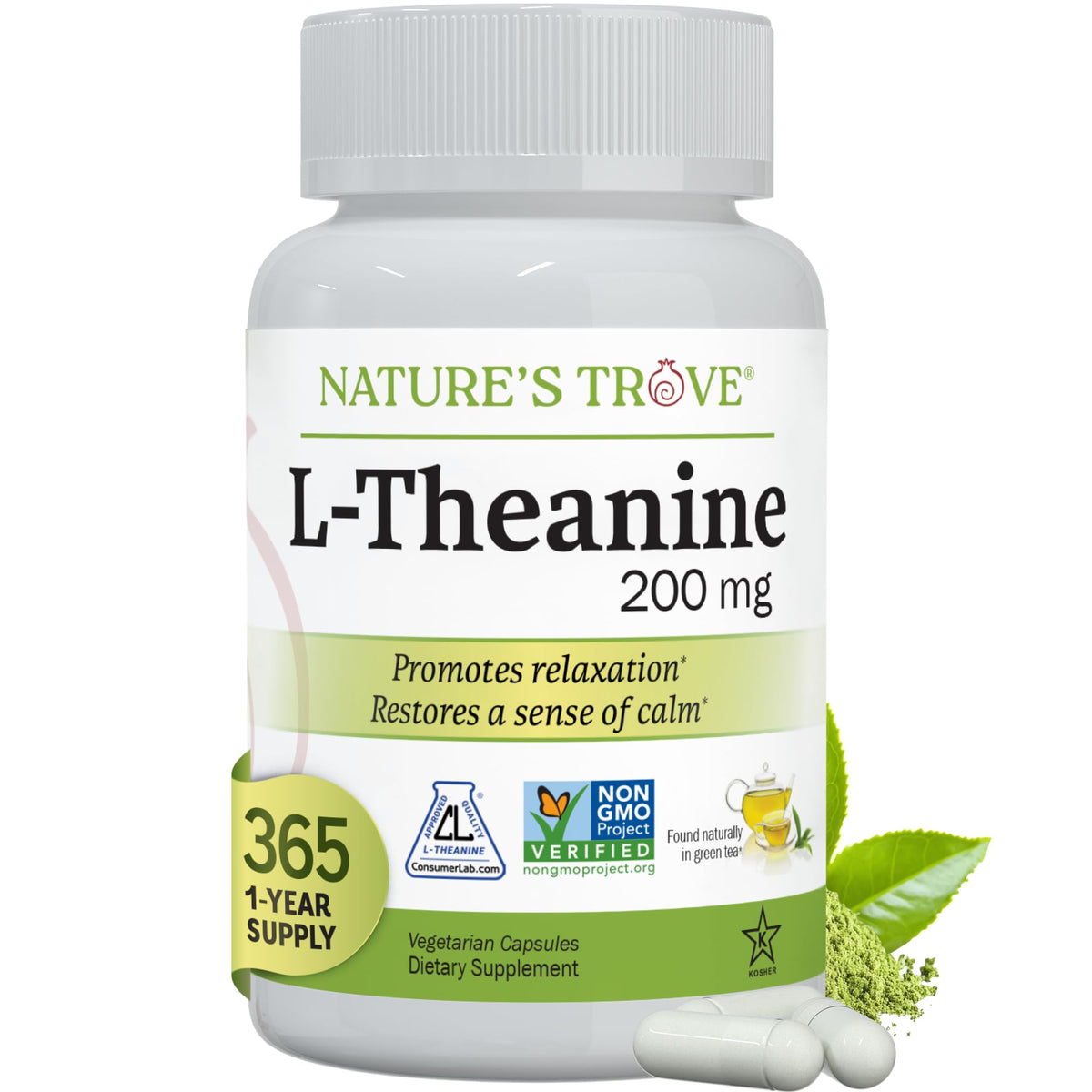 Nature's Trove L-Theanine 200mg Super Value Size - 365 Vegetarian Capsules Nature's Trove