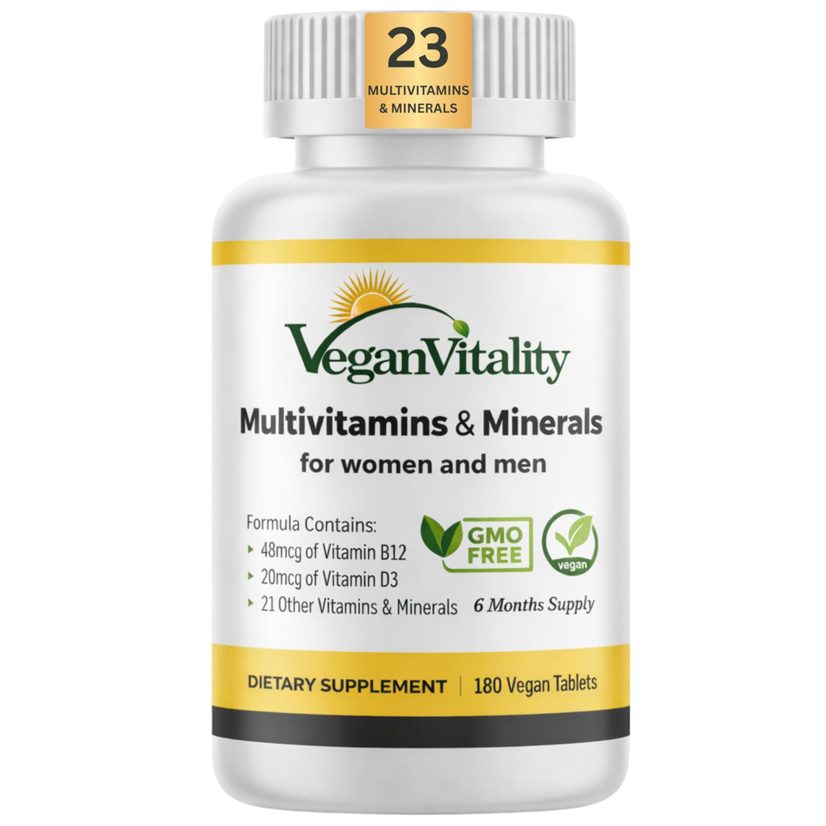 Vegan Vitality Multivitamins & Minerals for Women and Men with High Strength Vitamin B12, D3 & K2. 180 Vegan Multivitamin Tablets - 6 Months Supply Vegan Vitality