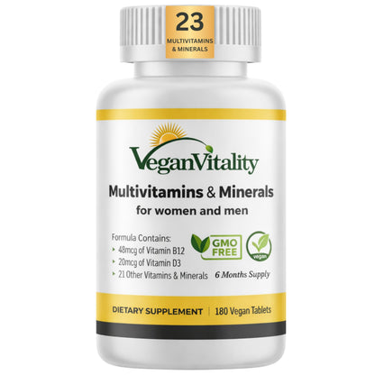 Vegan Vitality Multivitamins & Minerals for Women and Men with High Strength Vitamin B12, D3 & K2. 180 Vegan Multivitamin Tablets - 6 Months Supply Vegan Vitality