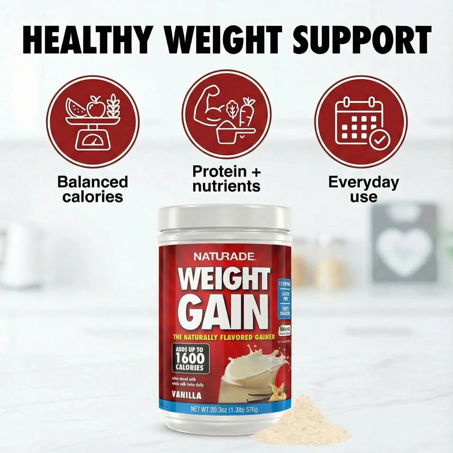 Naturade Weight Gain Nutrition Drink Mix for Healthy Weight Support, Balanced Calories with Protein, Vitamins & Minerals, Vanilla - 20.3 oz Naturade