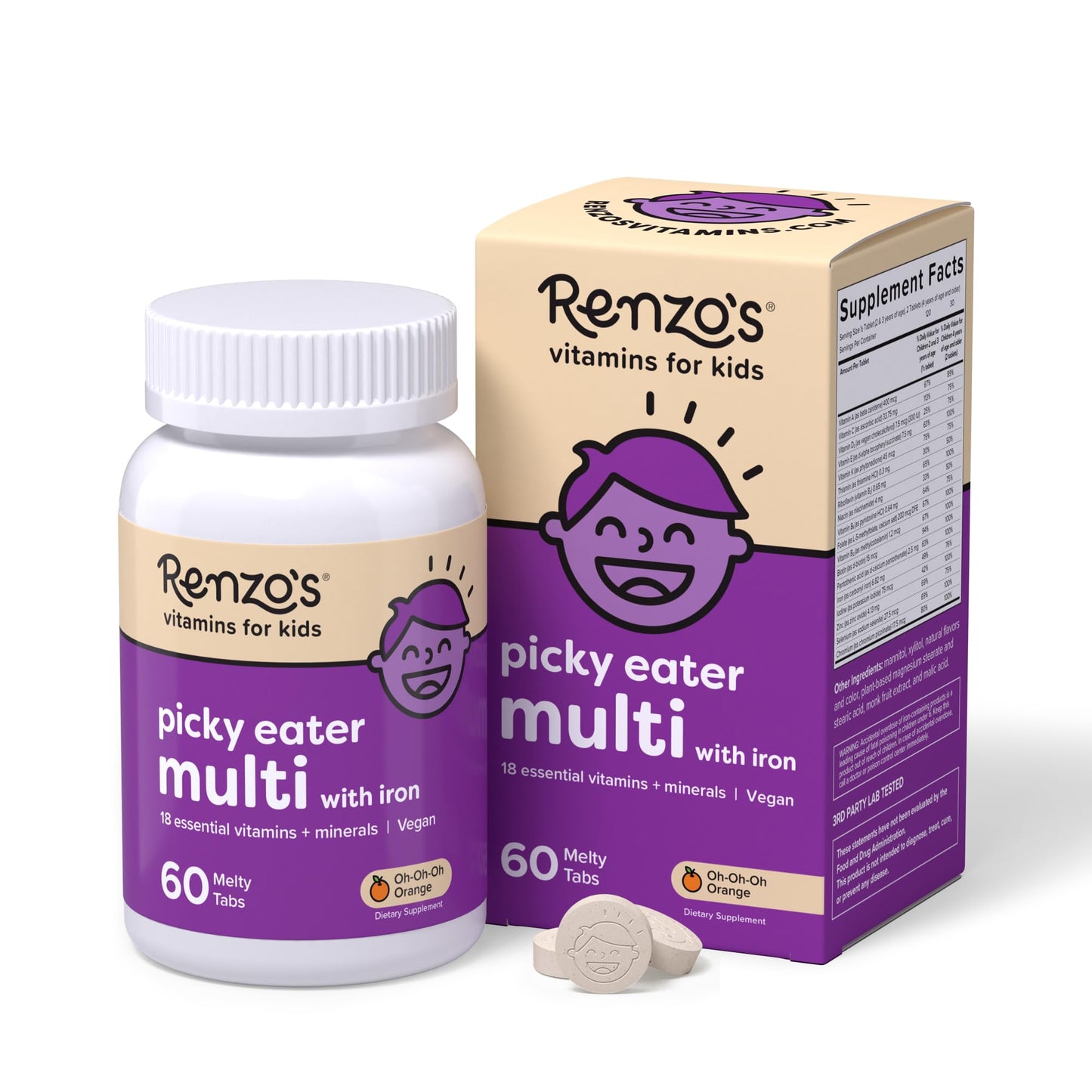 Renzo's Picky Eater Kids Multivitamin with Iron - Dissolvable Kids Vitamins with Iron, Zinc, Vitamin C, Vitamin D, E & K, Sugar-Free Melty Tabs, Orange Flavor Renzo's
