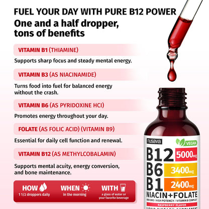 (2 Pack) Vitamin B12 and B6 Liquid Drops, B12 Sublingual Vitamin B Complex - B 12 Vitamin 5000mcg - B12 Methylcobalamin for Energy NUSAVA
