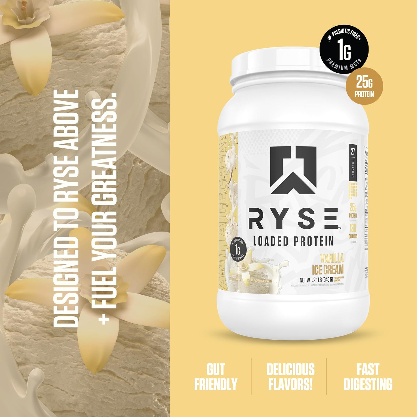 RYSE Loaded Protein Powder - Jet-Puffed Marshmallow - 25g Whey Protein Isolate & Concentrate with Prebiotic Fiber & MCTs - Low Carb, Low Sugar, Digestive-Friendly - 27 Servings / 2 lb Tub