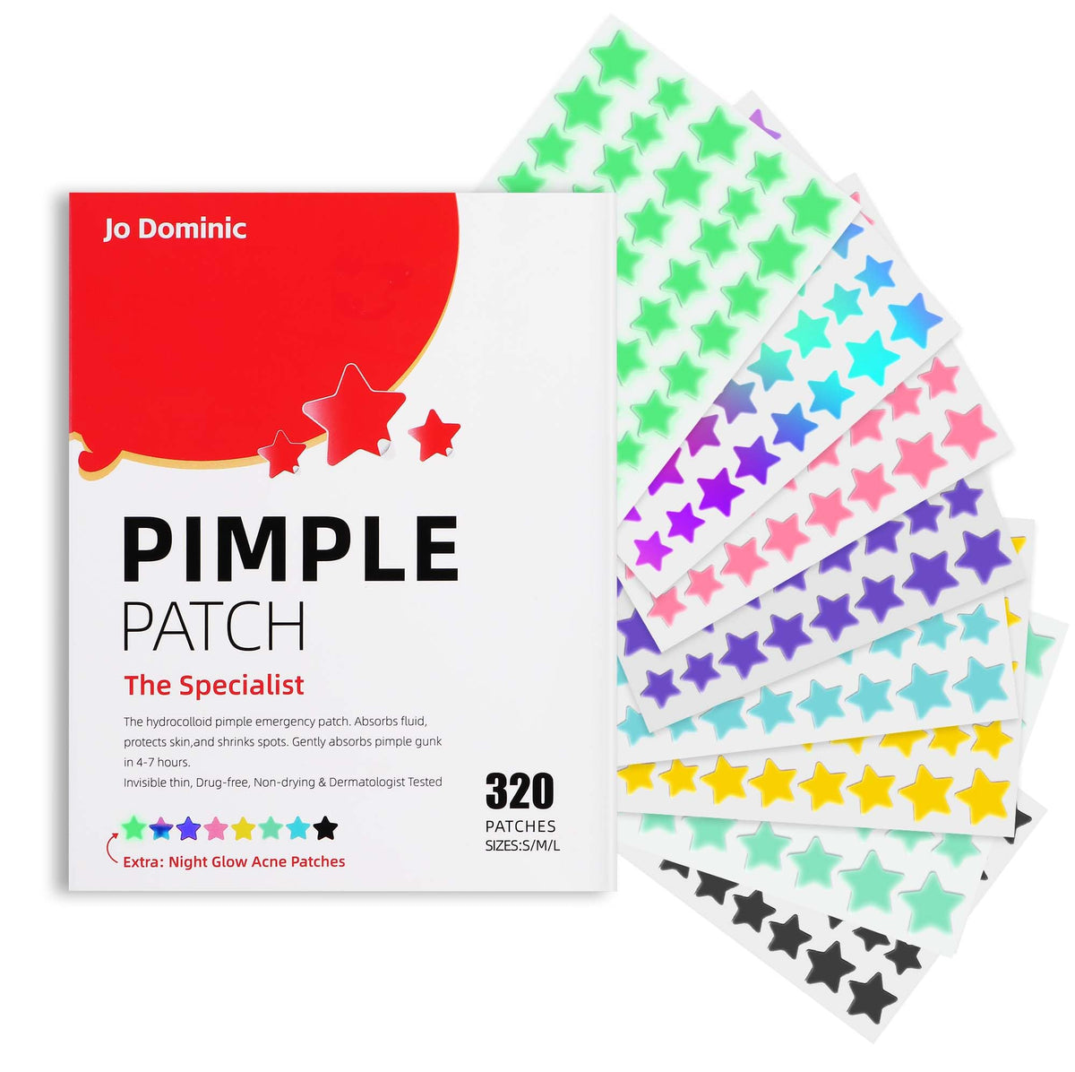Jo Dominic Pimple stars Patches for Face, 4 Size 320 Counts Acne Patches, Hydrocolloid Patches for CoveringZits and Blemishes, Tea Tree Oil Jo Dominic