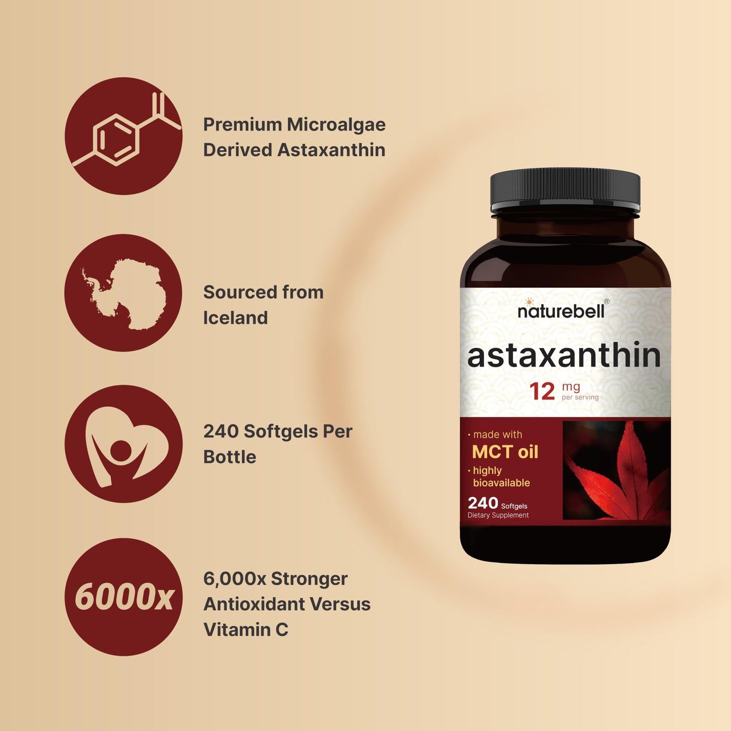 NatureBell Maximum Strength Astaxanthin 12mg, 240 Softgels - 4 Month Supply - Natural Antioxidant from Haematococcus dailyvitalstore