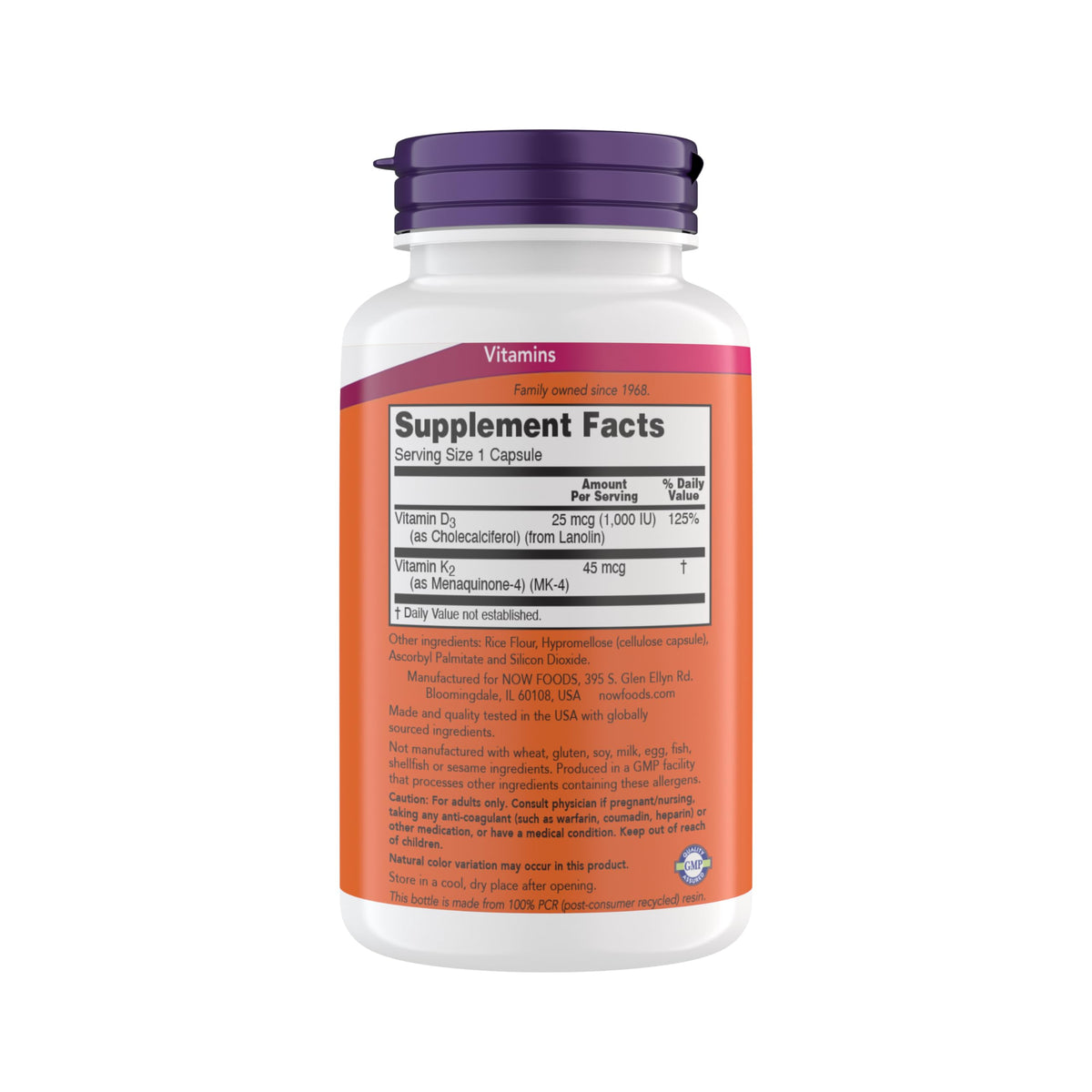 Now Supplements Vitamin D3 K2, 1,000 IU/45 mcg, Cardiovascular Support, Supports Bone Health, 180 Vegetarian Capsules NOW Foods