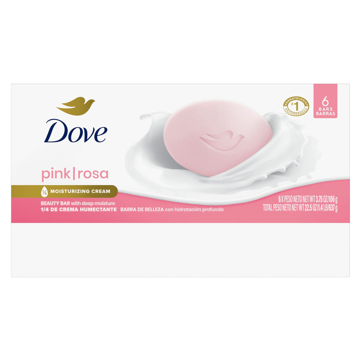 Dove Beauty Bar Soap Pink Rosa, for Soft, Smooth Skin, 6 Bars 3.75 oz Dove