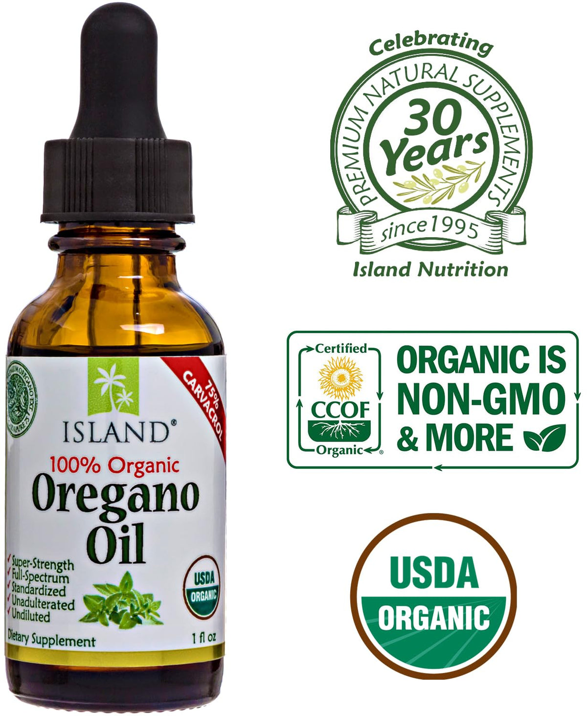 Island Nutrition, Oregano Oil Organic Liquid Drops - 100% Pure & Undiluted - USDA-Certified Organic (1 oz) 75% Carvacrol Island Nutrition