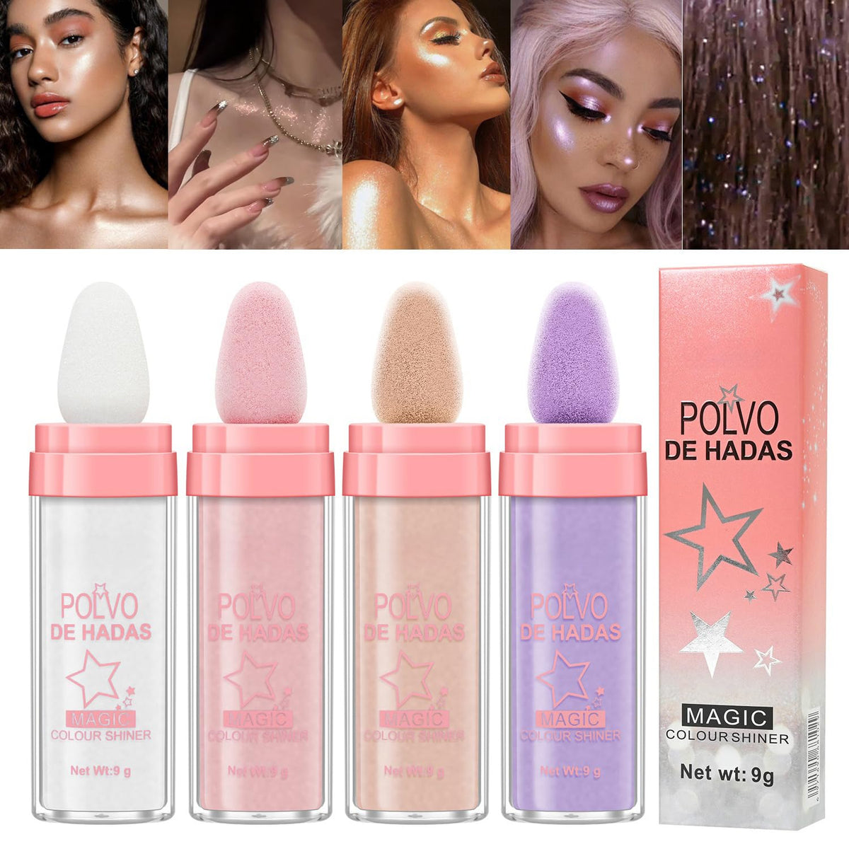 URQT 4 Color Polvo De Hadas Fairy Dust Highlight Patting - Full Body Contouring and Clavicle Pearlescent Patting Powder for Face and Eye, Christmas Sparkling Body Glitter (4 Pack) URQT