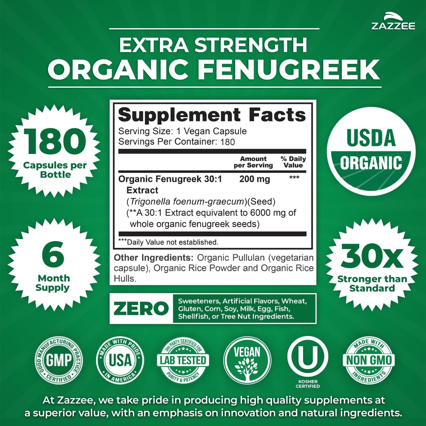Zazzee USDA Organic Fenugreek 30:1 Extract, 120 Capsules, 4 Month Supply | Vegan, Breastfeeding & Lactation Support for Nursing Mothers, Organic Herbal Supplement, All-Natural, Non-GMO, Made in USA Gsupps Australia