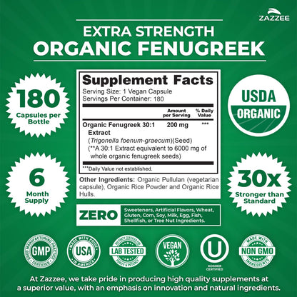 Zazzee USDA Organic Fenugreek 30:1 Extract, 120 Capsules, 4 Month Supply | Vegan, Breastfeeding & Lactation Support for Nursing Mothers, Organic Herbal Supplement, All-Natural, Non-GMO, Made in USA Gsupps Australia