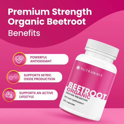 Nutra Wave 1400mg Organic Beet Root Capsules Per Serving – Nitric Oxide Booster for Men – Supports Blood Pressure, Energy, Circulation & Heart Health – Non-GMO, Vegan – 120 Capsules / 60 Day Supply Nutra Wave