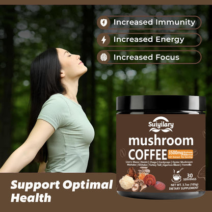 Suiyilary 10 Mushroom Coffee with Arabica w, Lion's Mane, Reishi, Mushroom Polysaccharides & More, Instant Mushrooms Powder for Focus, Immunity Boost, Suiyilary