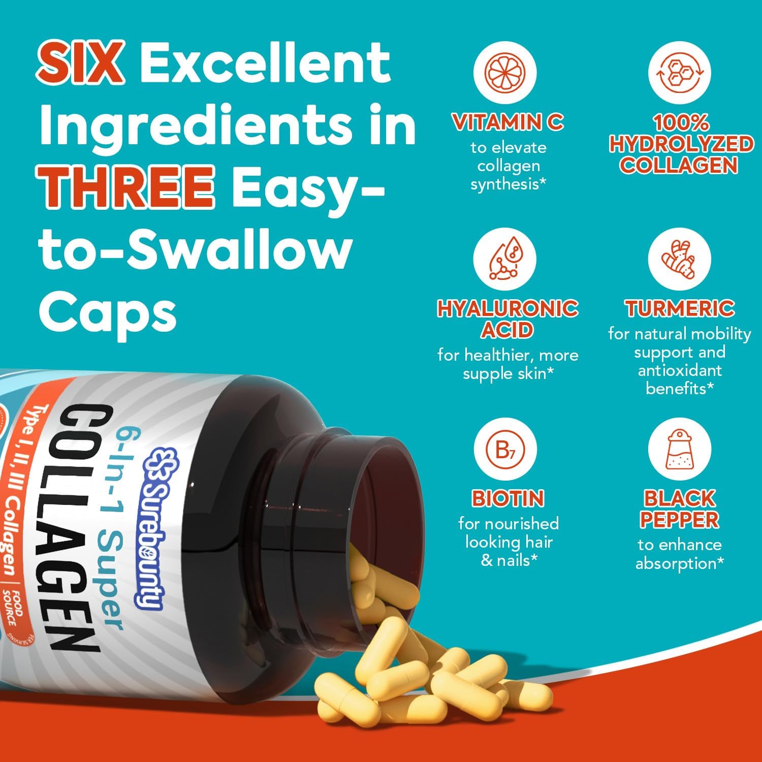 Surebounty Multi Collagen Complex, Type I, II, III, 6-in-1 Super Collagen with Vitamin C, Hyaluronic Acid, Biotin, Turmeric, Black Pepper, Keto, 90 Capsules Surebounty buy australia supplements