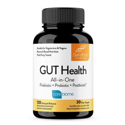 Sandhu's Gut Health - Prebiotic, Probiotic, Postbiotic & L-Glutamine | Digestive Health, Colon, Probiotic Total Supplements | 120 Delayed Release Capsules Sandhu's