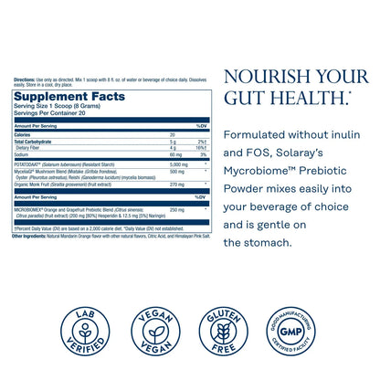 SOLARAY Mycrobiome Prebiotic Powder, Prebiotics for Women and Men, Digestive Nutritional Supplements for Colon and Gut Health, Easy-to-Mix, Non-Bloating Formula, SOLARAY