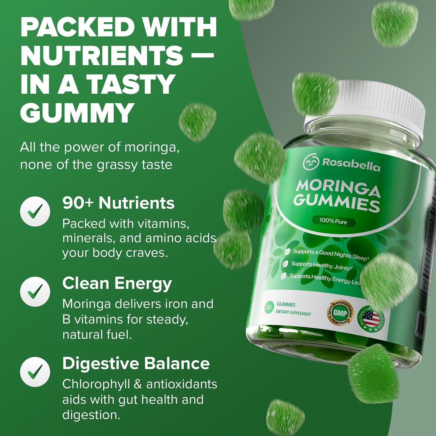 Rosabella Moringa Gummies – Moringa Leaf Extract 1000mg Equivalent Per Serving – Natural Energy & Balance – Non-GMO, Gluten-Free Superfood Rosabella