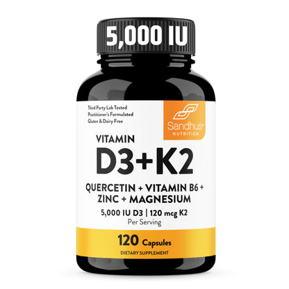 Sandhu's Vitamin D3 K2 Magnesium 5000 IU, 120mcg K2 Capsules 120 Count (Pack of 1) | with VIT B6, Zinc & Quercetin | D3K2 Supports Superior Absorption Sandhu's