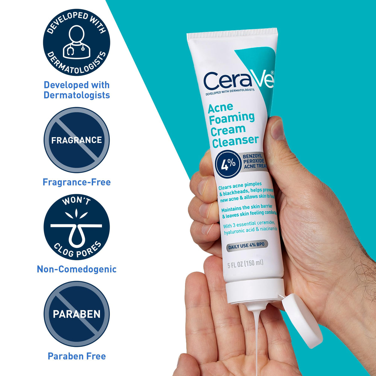 CeraVe Foaming Acne Cream Cleanser, Face Wash with 4% Benzoyl Peroxide, 5oz CeraVe
