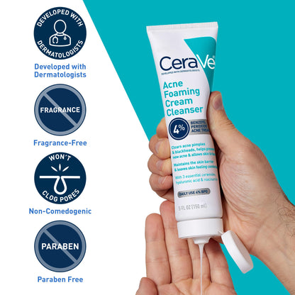 CeraVe Foaming Acne Cream Cleanser, Face Wash with 4% Benzoyl Peroxide, 5oz CeraVe