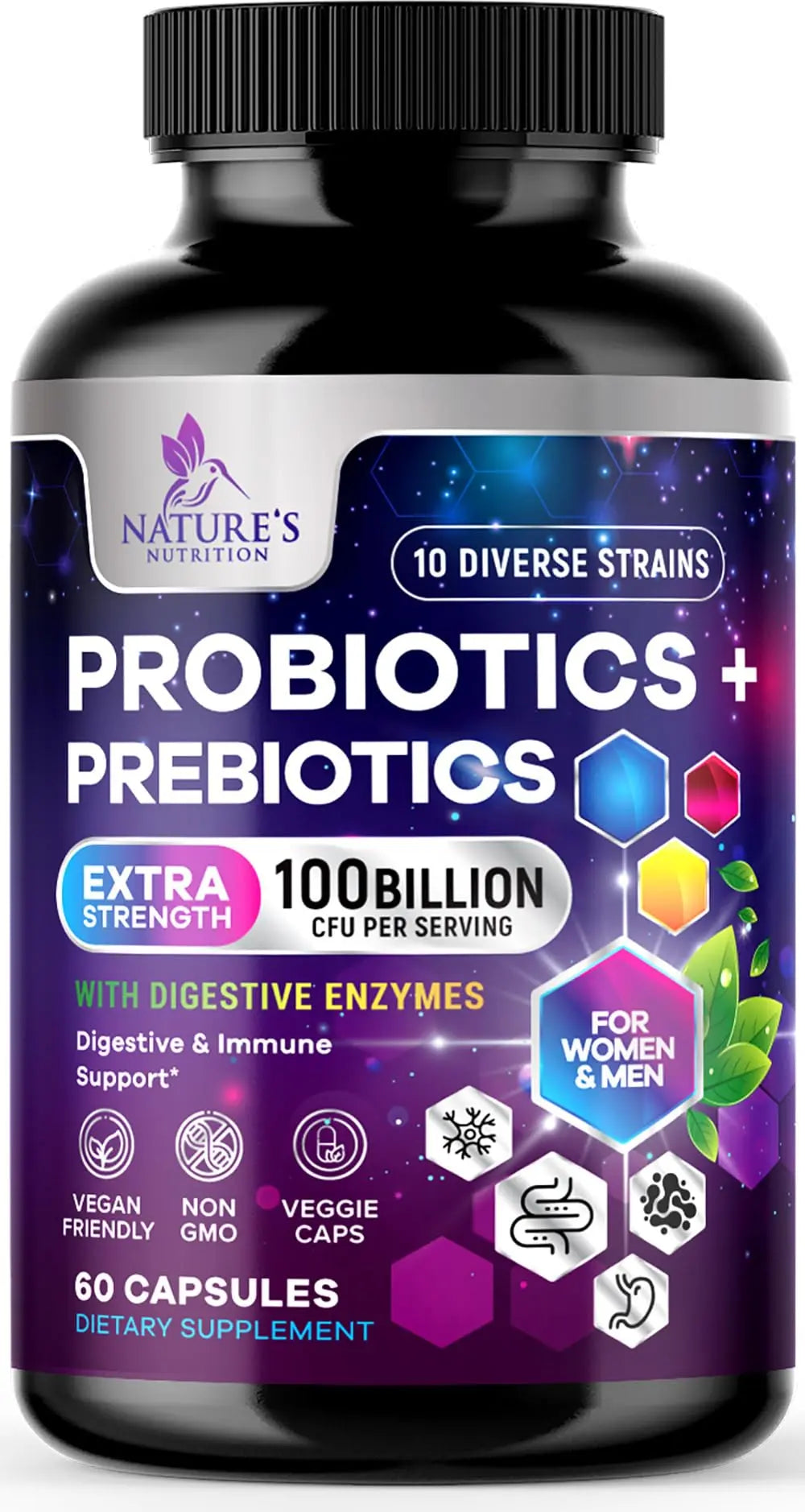 Probiotics 100 Billion CFU Per Serving - 10 Probiotic Strains & Prebiotics - Digestive Gut Health, Immune Support & Occasional Constipation, Gas & Bloating - Daily Supplement For Adults - 60 Capsules Nature's Nutrition buy australia supplements
