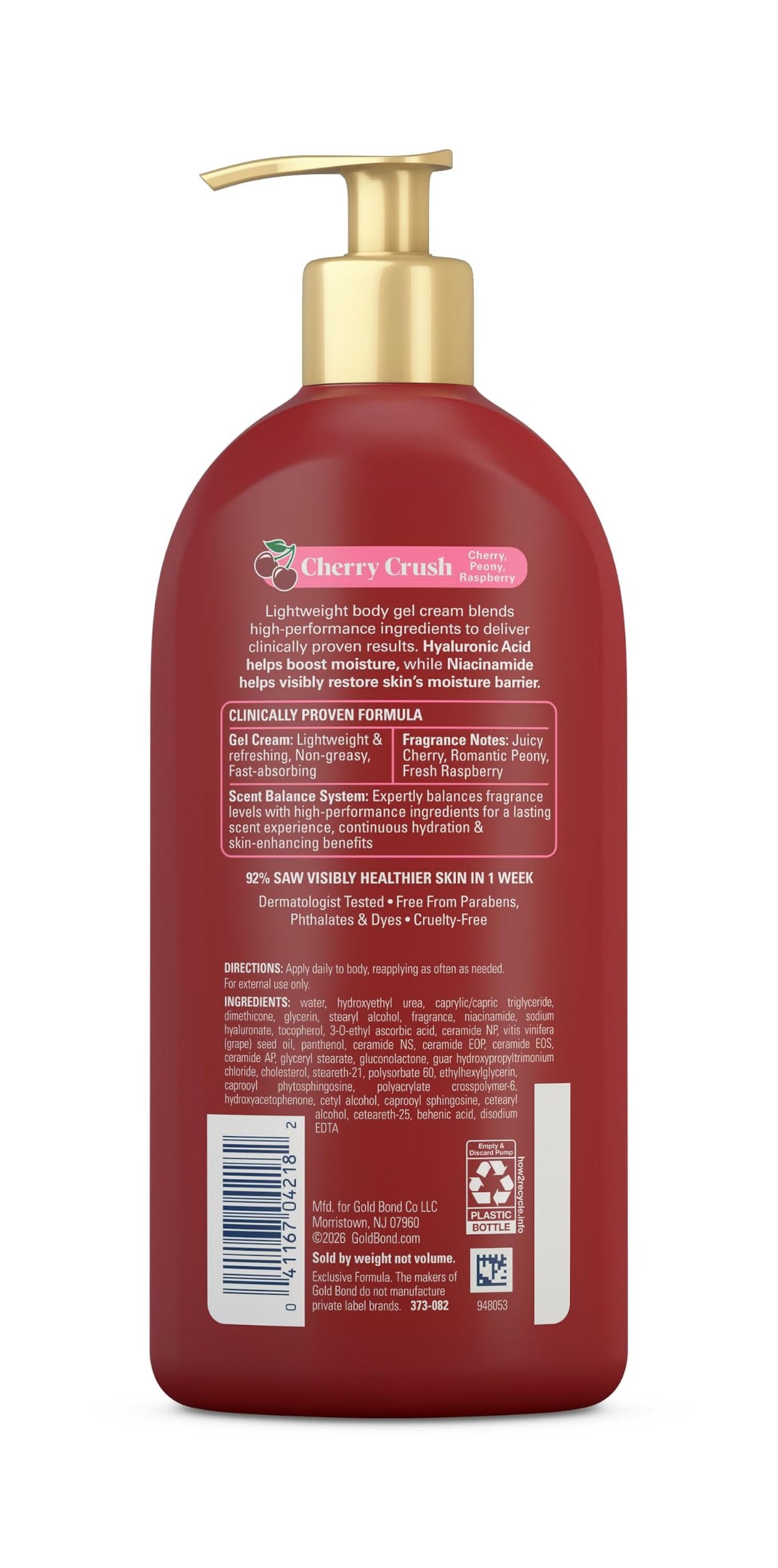 Gold Bond Cherry Crush Hydrating Gel Cream, Juicy Cherry Crush Scent, 24-Hour Hydrating Body Lotion with Hyaluronic Acid and Niacinamide, 14 oz. Gold Bond