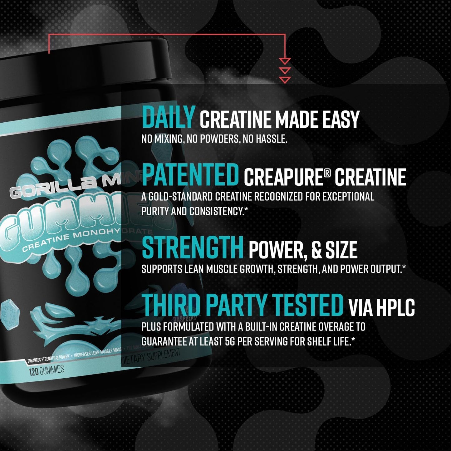 Gorilla Mind Creatine Gummies - Third-Party HPLC Tested | 5g Creapure® Creatine Monohydrate | Verified Potency & Purity | Strength · Power · Lean Muscle | No Added Sugar | Blue Raspberry Flavor