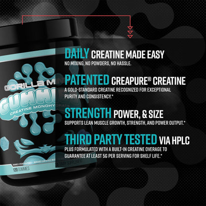 Gorilla Mind Creatine Gummies - Third-Party HPLC Tested | 5g Creapure® Creatine Monohydrate | Verified Potency & Purity | Strength · Power · Lean Muscle | No Added Sugar | Blue Raspberry Flavor