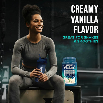 Vega Premium Protein + Supergreens, Creamy Vanilla – 20g Vegan Protein, Dairy & Gluten Free, 26.9 oz (25 Servings) Vega