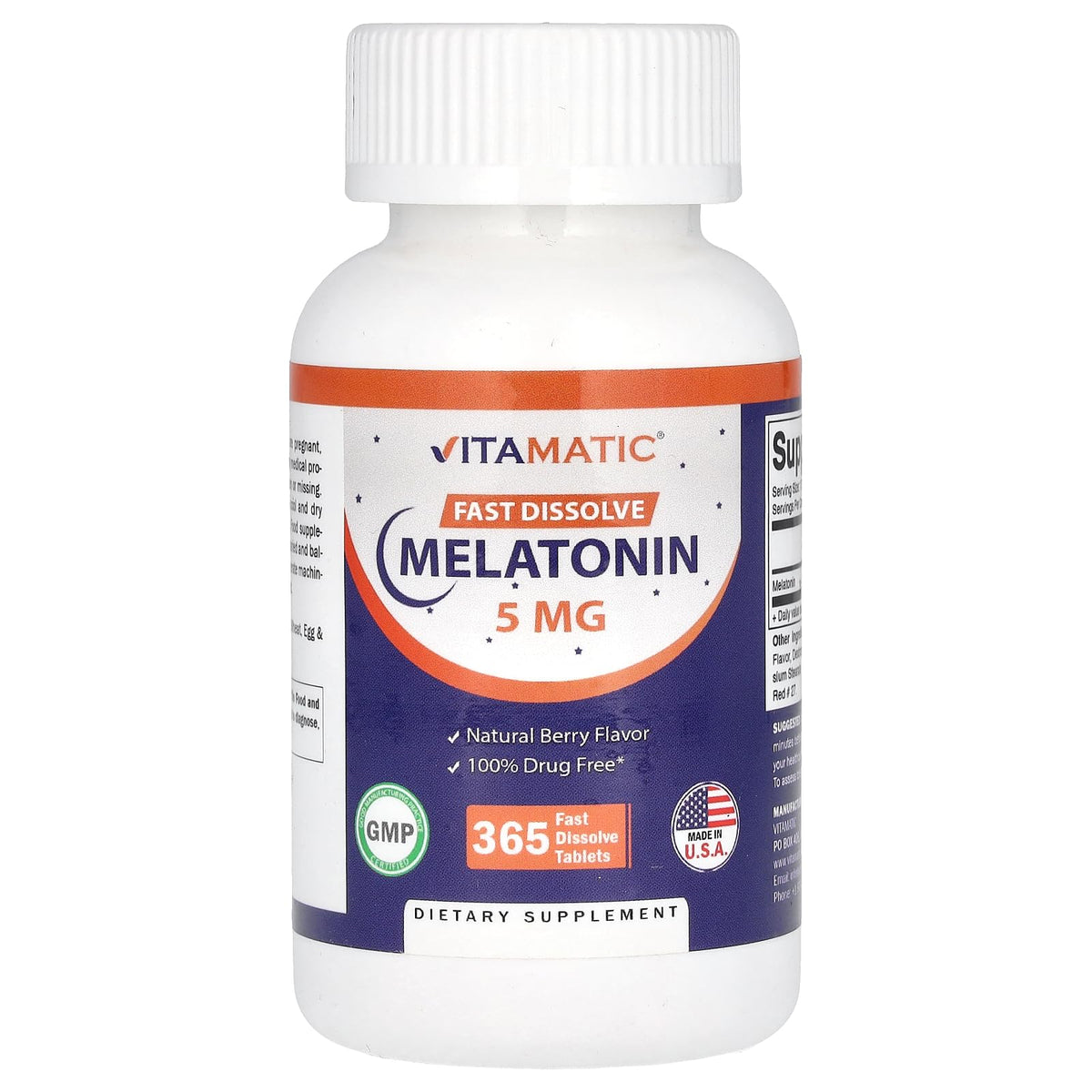 Vitamatic Melatonin 5 mg Tablets | Vegetarian, Non-GMO, Gluten Free | 1 Year Supply | Natural Berry Flavor - 365 Tablets Vitamatic