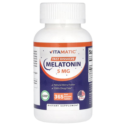 Vitamatic Melatonin 5 mg Tablets | Vegetarian, Non-GMO, Gluten Free | 1 Year Supply | Natural Berry Flavor - 365 Tablets Vitamatic
