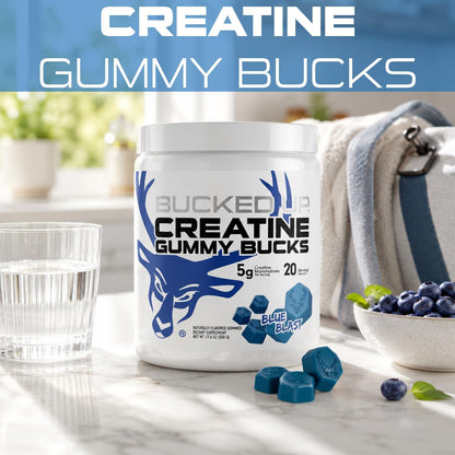 Bucked Up Creatine Gummy Bucks Blue Blast | 5g Creatine Monohydrate per Serving | Non GMO Gluten Free Vegan Creatine Gummies | Chewable Creatine Supplement (20 Servings)