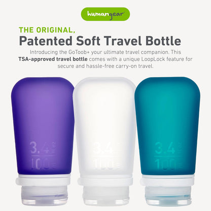 humangear GoToob+ 3-Pack, Large (3.4 fl oz), Clear/Purple/Teal | Refillable & Leak-Proof Silicone Travel Size Bottles with Locking Cap for Toiletries, Camping & TSA Carry-On Gsupps Australia