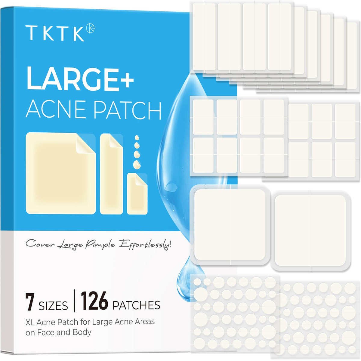 TKTK Large Pimple Patches for Face & Body Zit Breakouts, 7 Sizes 126 Count TKTK