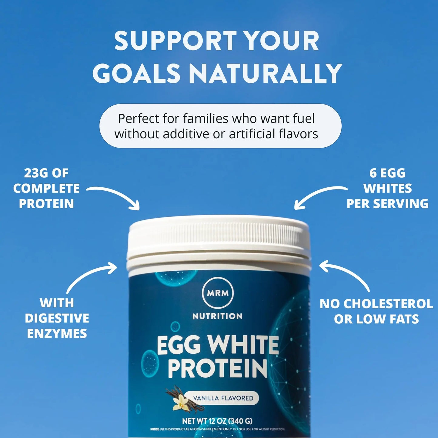 MRM Nutrition Egg White Protein - Sugar Free Vanilla Flavored Powder, 23g Fat-Free Protein with Digestive Enzymes, Free of Dairy, Gluten, and Soy, High Biological Value - 20 Servings MRM