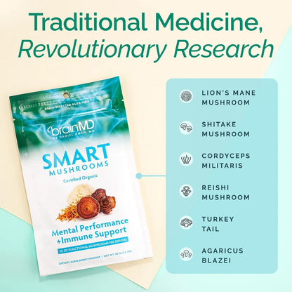 BRAINMD Dr Amen Smart Mushrooms - 3.2 oz - Mental Performance + Immune Support - Vegan, GMO Free, Gluten Free - 30 Servings