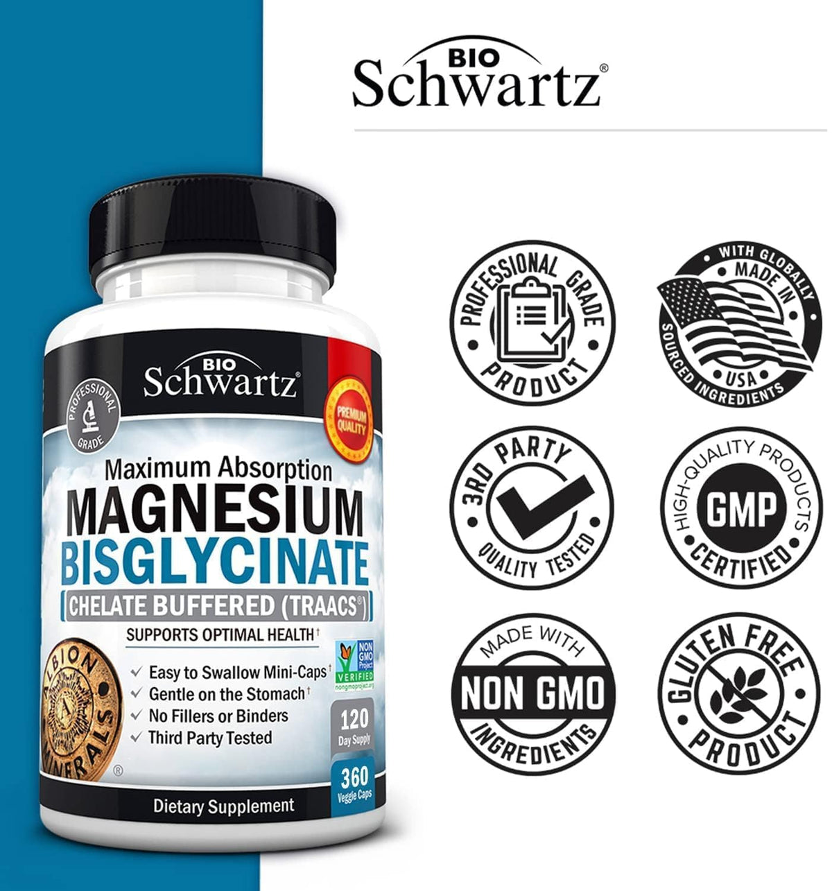 Magnesium Bisglycinate Chelated Supplement - High Absorption Magnesium Glycinate Supplement for Women and Men - Sleep, Muscle, Bone & Joint Support BioSchwartz