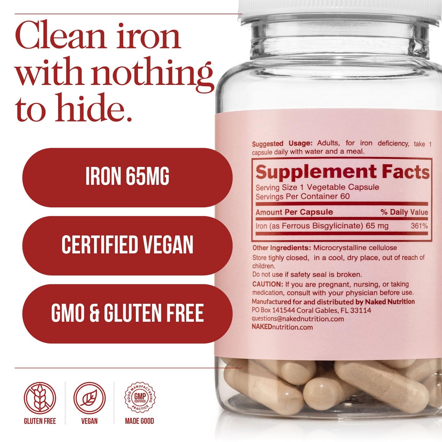 Naked Iron 65mg, 325mg Ferrous Bisglycinate - High Potency Iron Supplement for Iron Deficiency, Cellular Energy Support, Promotes Healthy Red Blood Cell Production NAKED