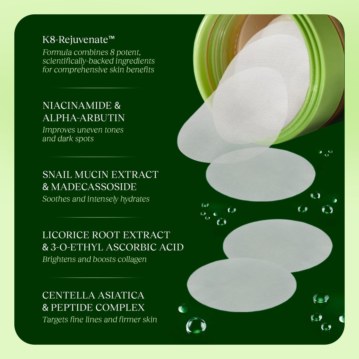 JIYU Toner Pads - Korean Skincare for Dark Spots, Wrinkles & Dull Skin - Hydrating Facial Treatment with Snail Mucin, Niacinamide, Peptides & Centella - 100 Count JIYU