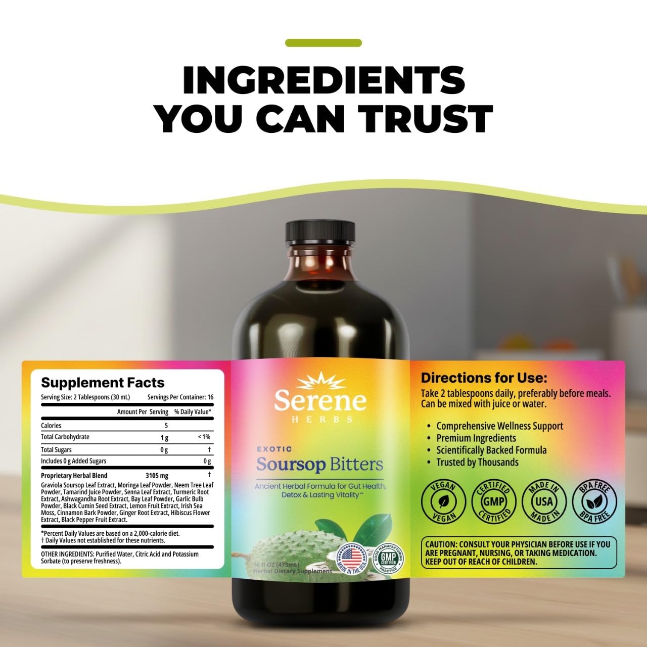 Serene Herbs Soursop Bitters Liquid with Soursop Leaves for Gut Cleanse, Detox & Immune Boost with Black Seed, Moringa, Irish Moss, Ashwaganda, Turmeric, 16 fl oz (16 Fl, Soursop)