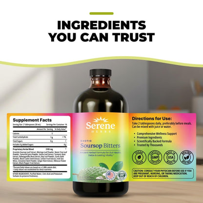 Serene Herbs Soursop Bitters Liquid with Soursop Leaves for Gut Cleanse, Detox & Immune Boost with Black Seed, Moringa, Irish Moss, Ashwaganda, Turmeric, 16 fl oz (16 Fl, Soursop)
