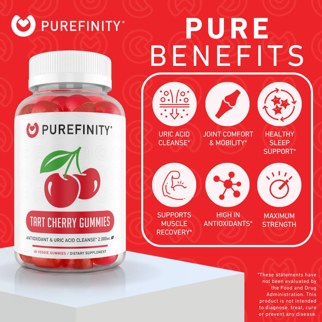 PUREFINITY Tart Cherry Gummies – Uric Acid Flush for Joint Relief & Recovery, Raw Juice Extract Antioxidant – Non-GMO, Gluten Free, Vegan, 60 Count PUREFINITY